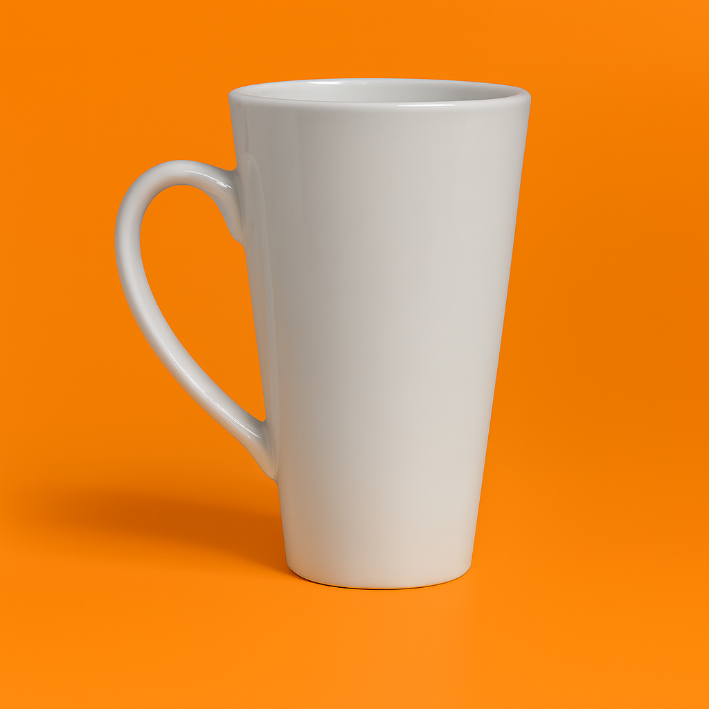 "Taza cónica blanca alta de porcelana de 16 oz sobre fondo naranja, vista lateral con asa curva"