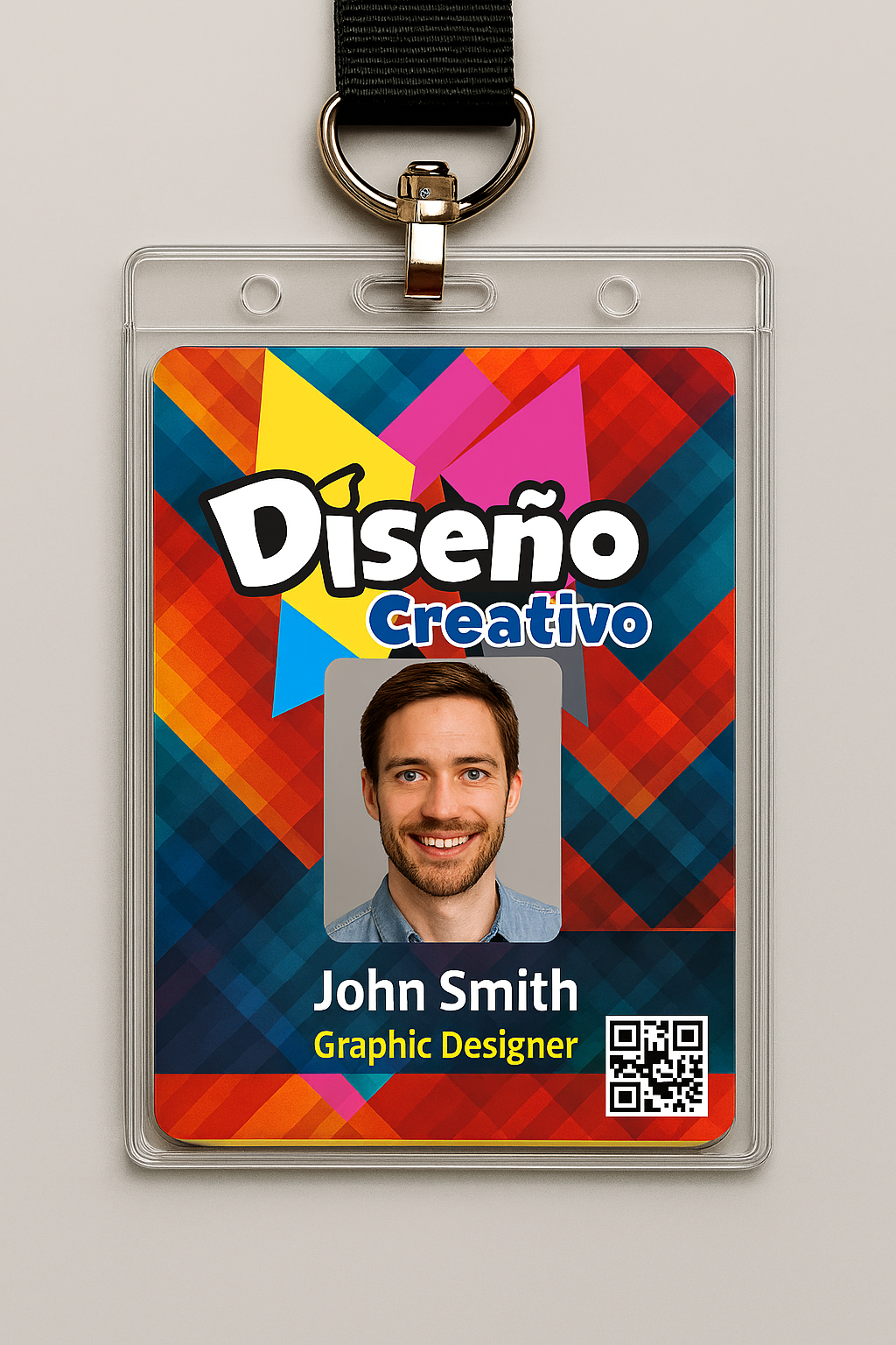 Credencial de PVC personalizada con logo “Diseño Creativo”, fondo geométrico colorido y holograma de seguridad, sobre fondo blanco.