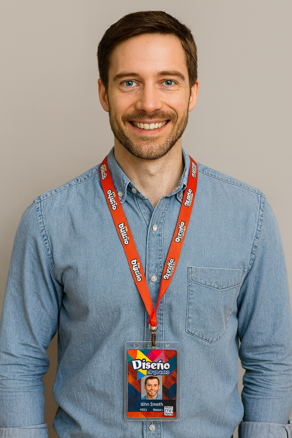 Hombre joven con camisa celeste porta una credencial de “Diseño Creativo” colgada en cinta lanyard roja personalizada, con diseño vibrante y código QR.