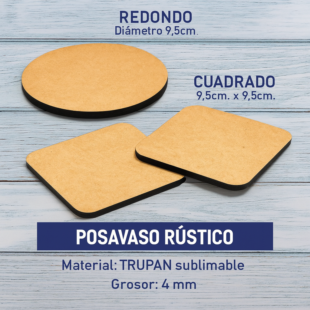 Posavasos rústicos de TRUPAN sublimable: uno redondo y dos cuadrados, sobre fondo de madera blanca desgastada.