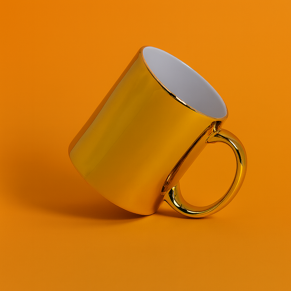 Taza dorada tipo espejo en porcelana, sobre fondo naranja #e07228.