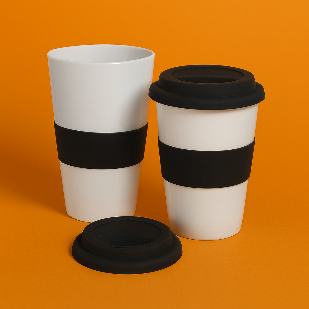 Taza cónica blanca con tapa y banda de silicona negra, sobre fondo naranja #e07228.
