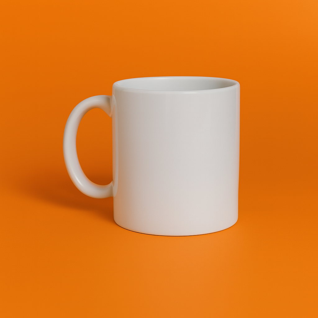 "Taza cilíndrica blanca de porcelana de 11 oz sobre fondo naranja, vista lateral con asa visible"