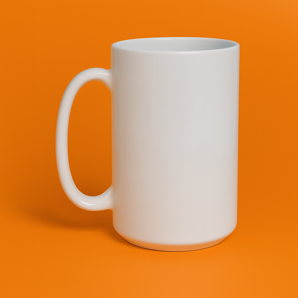 "Taza cilíndrica blanca de porcelana de 15 oz sobre fondo naranja, vista lateral con asa visible"