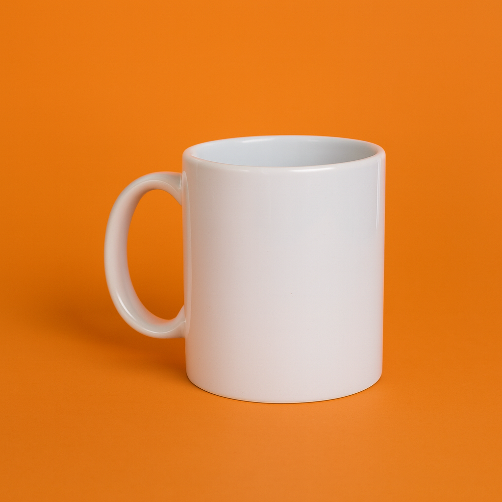 Taza cilíndrica blanca de porcelana sobre fondo naranja, vista lateral con asa visible</p>
<p>