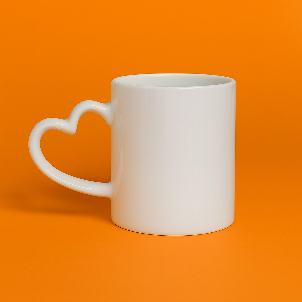 "Taza cilíndrica blanca de porcelana con asa en forma de corazón sobre fondo naranja, vista lateral"