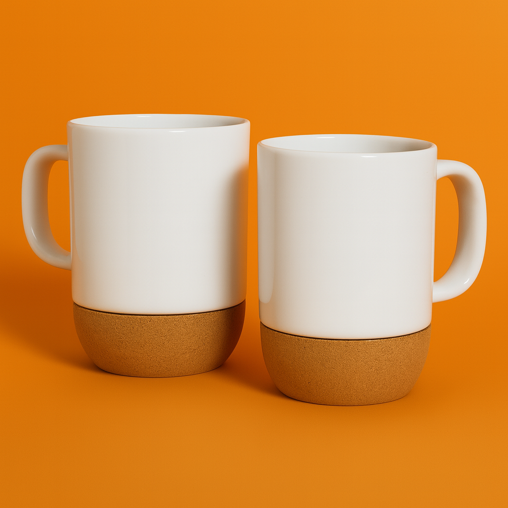 Taza blanca con base de corcho y tapa de bambú, sobre fondo naranja 