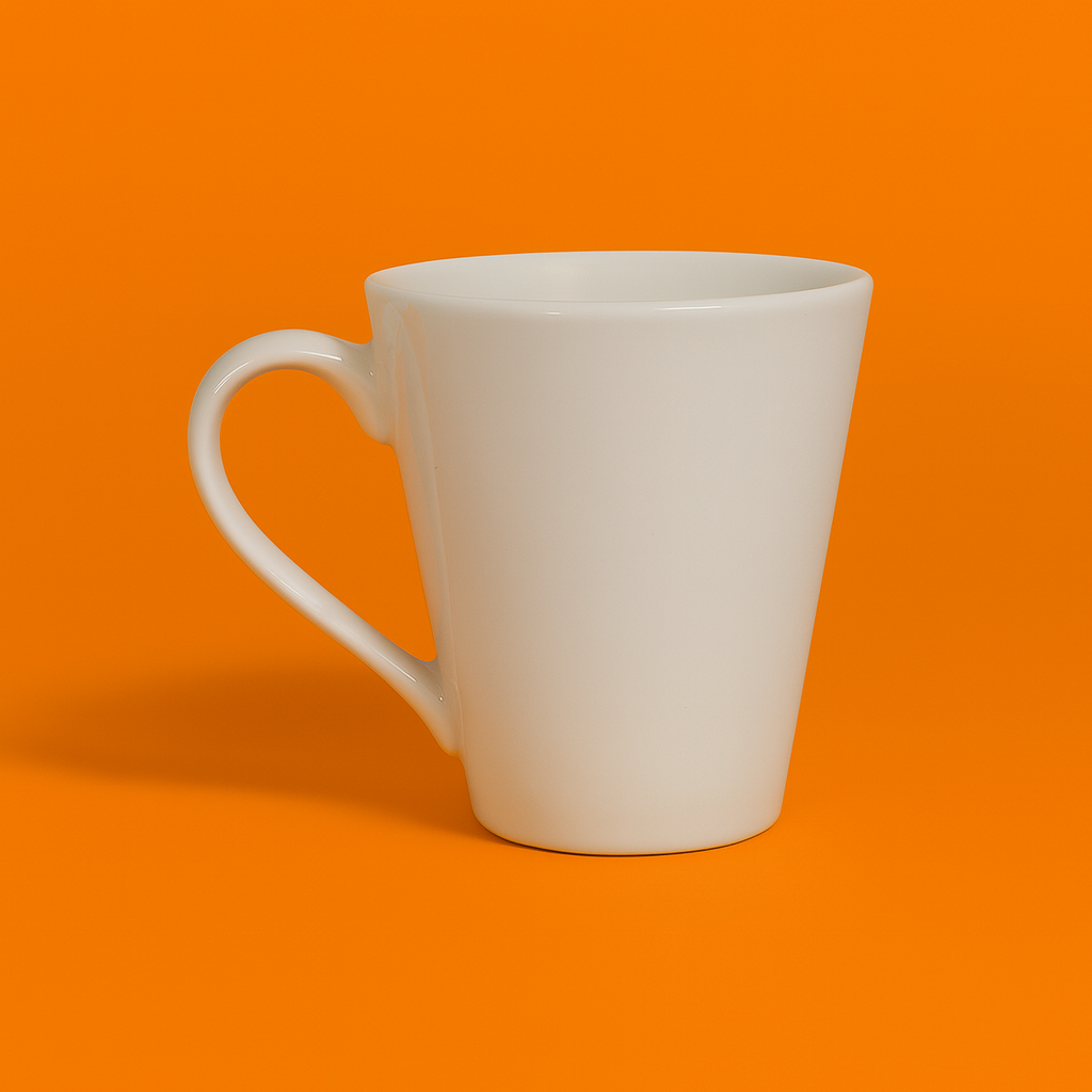 "Taza cónica blanca de porcelana de 12 oz sobre fondo naranja, vista lateral con asa curva"