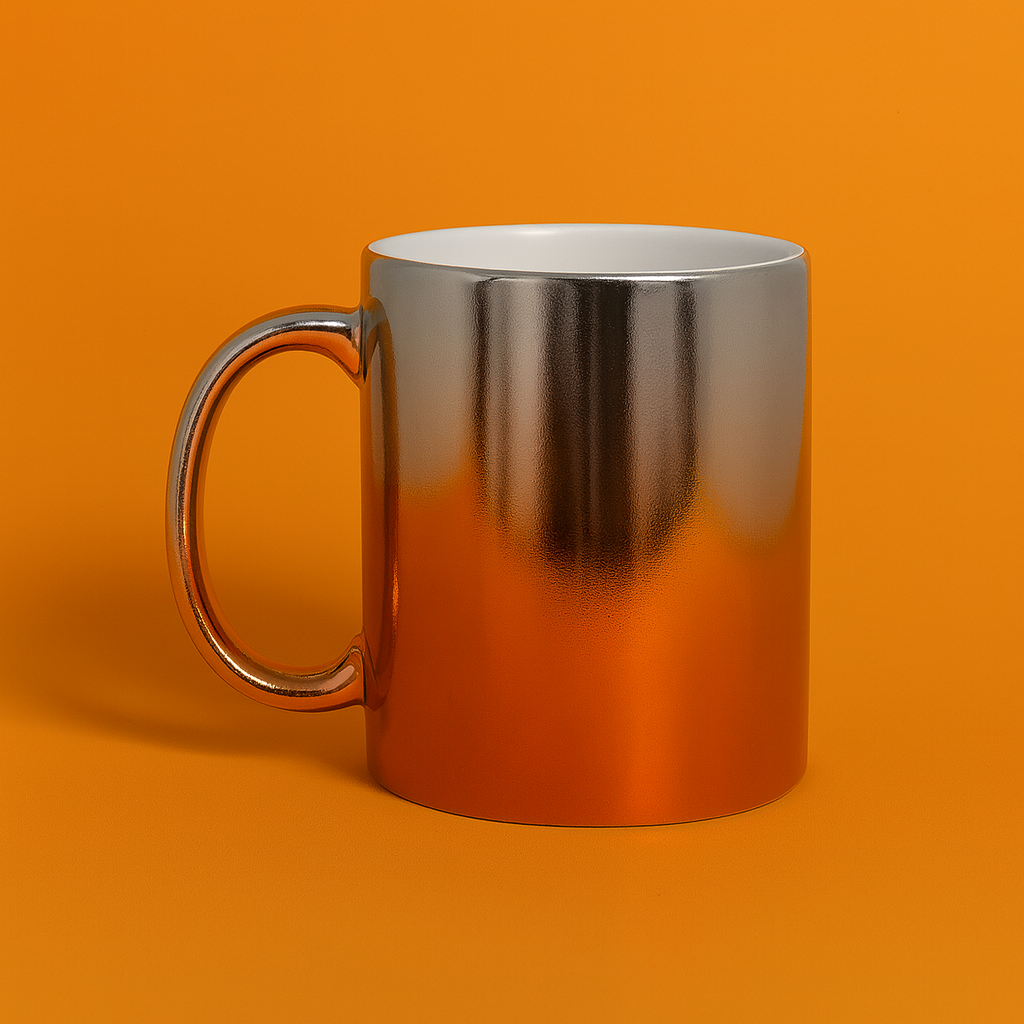 Taza espejo bicolor roja en porcelana, sobre fondo naranja #e07228.