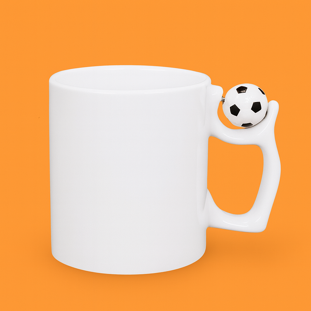 Taza de porcelana blanca con pelota decorativa en el asa, diseño futbolero, capacidad 325 mL.