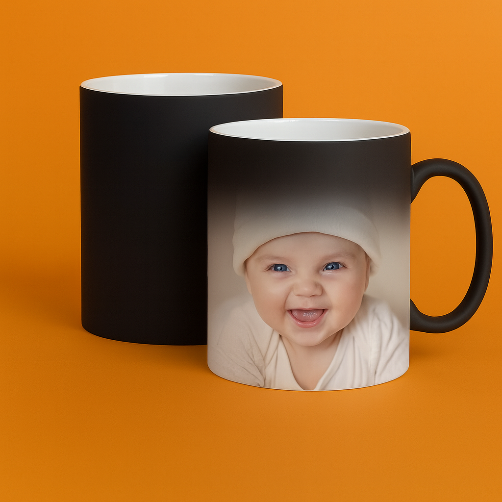Taza mágica personalizada con fotografía de bebé, junto a taza negra sin revelar, 