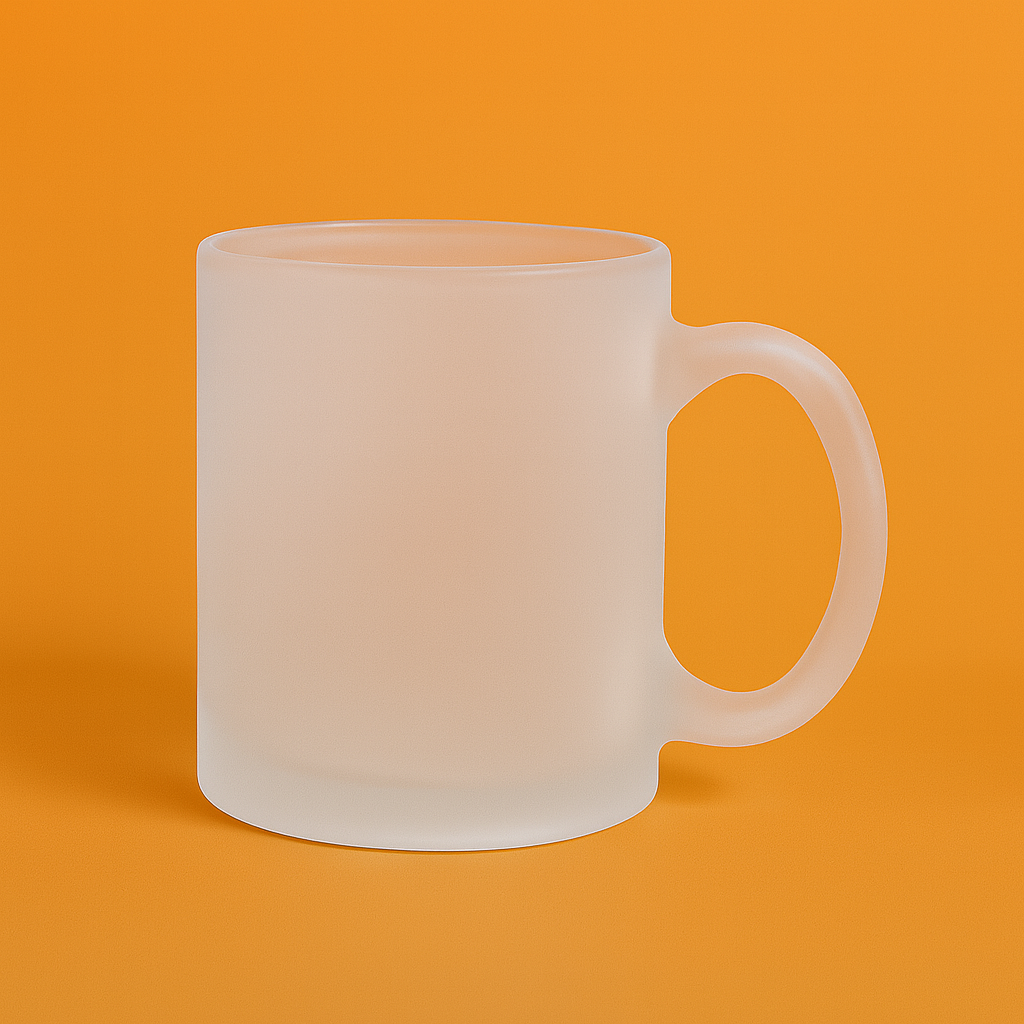 Taza de vidrio ahumado con asa, sobre fondo naranja #e07228.