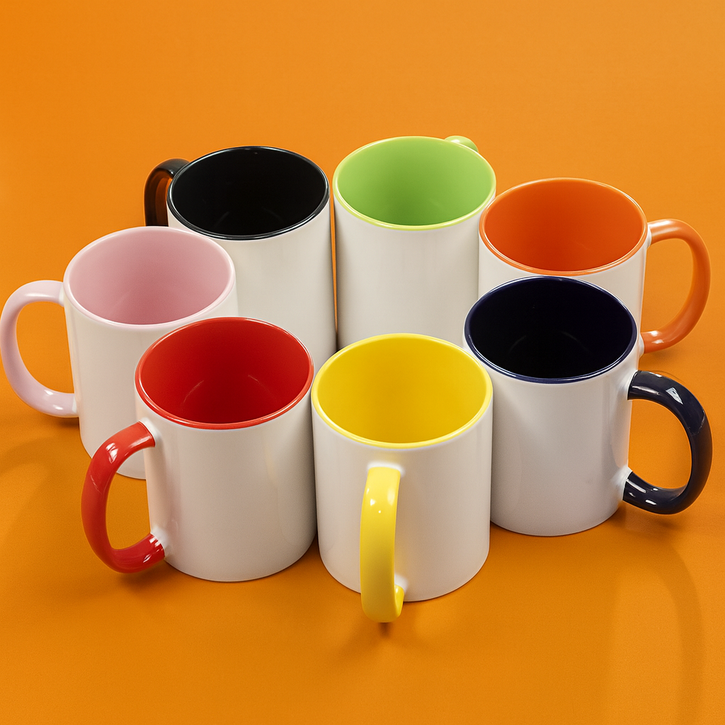 Tazas cerámicas blancas con interior y asa de colores variados,
