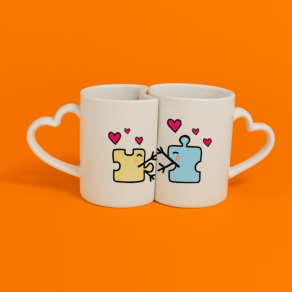 "Set de dos tazas blancas de porcelana con asas en forma de corazón que encajan juntas, sobre fondo naranja"