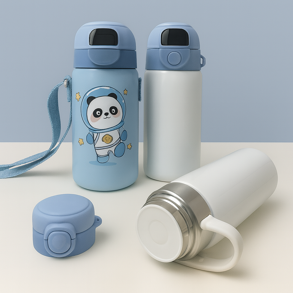 Termo infantil de acero inoxidable con tapa digital. Capacidad: 300 ml. Caja sublimable incluida.