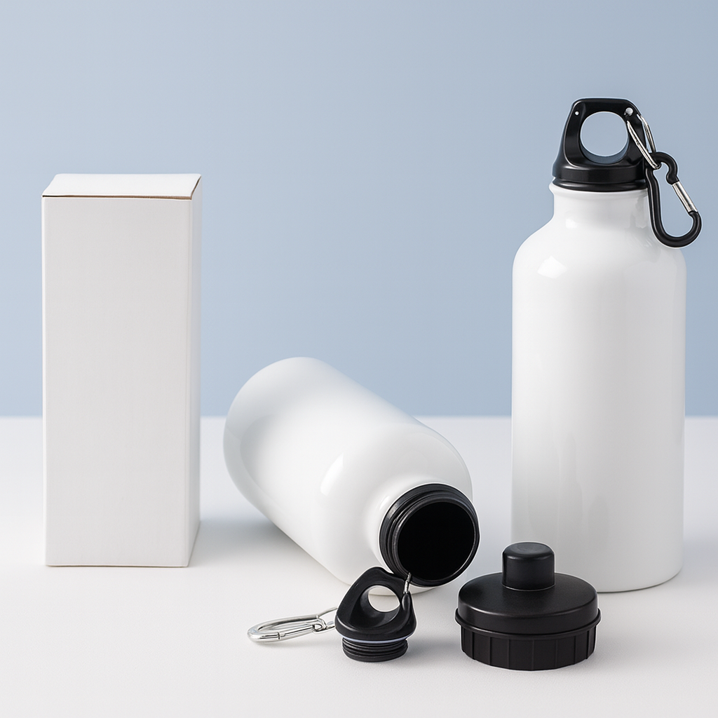 omatodo blanco de aluminio con doble tapa y caja de presentación, 600ml, sobre fondo claro azul para catálogo web