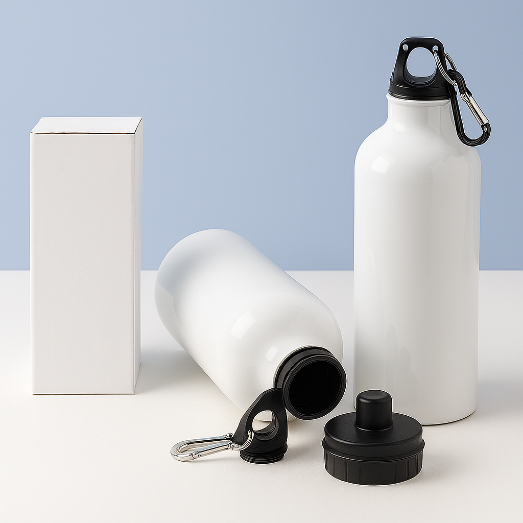 Tomatodo blanco de aluminio con doble tapa y caja de presentación, 600ml, sobre fondo claro azul para catálogo web