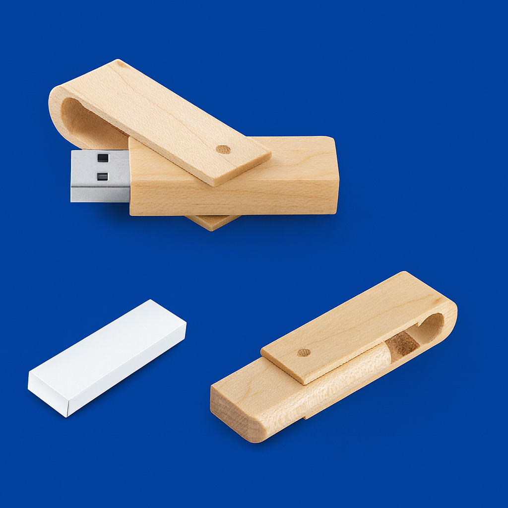 USB DE MADERA NATURAL CON TAPA GIRATORIA</p>
<p>