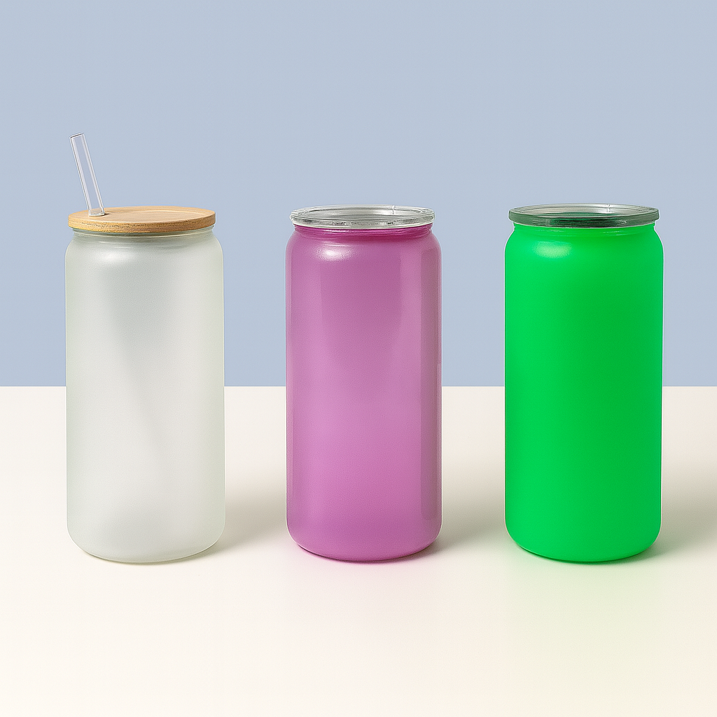 Vaso de Vidrio Rosa UV y Fluorescente con Tapa de Madera