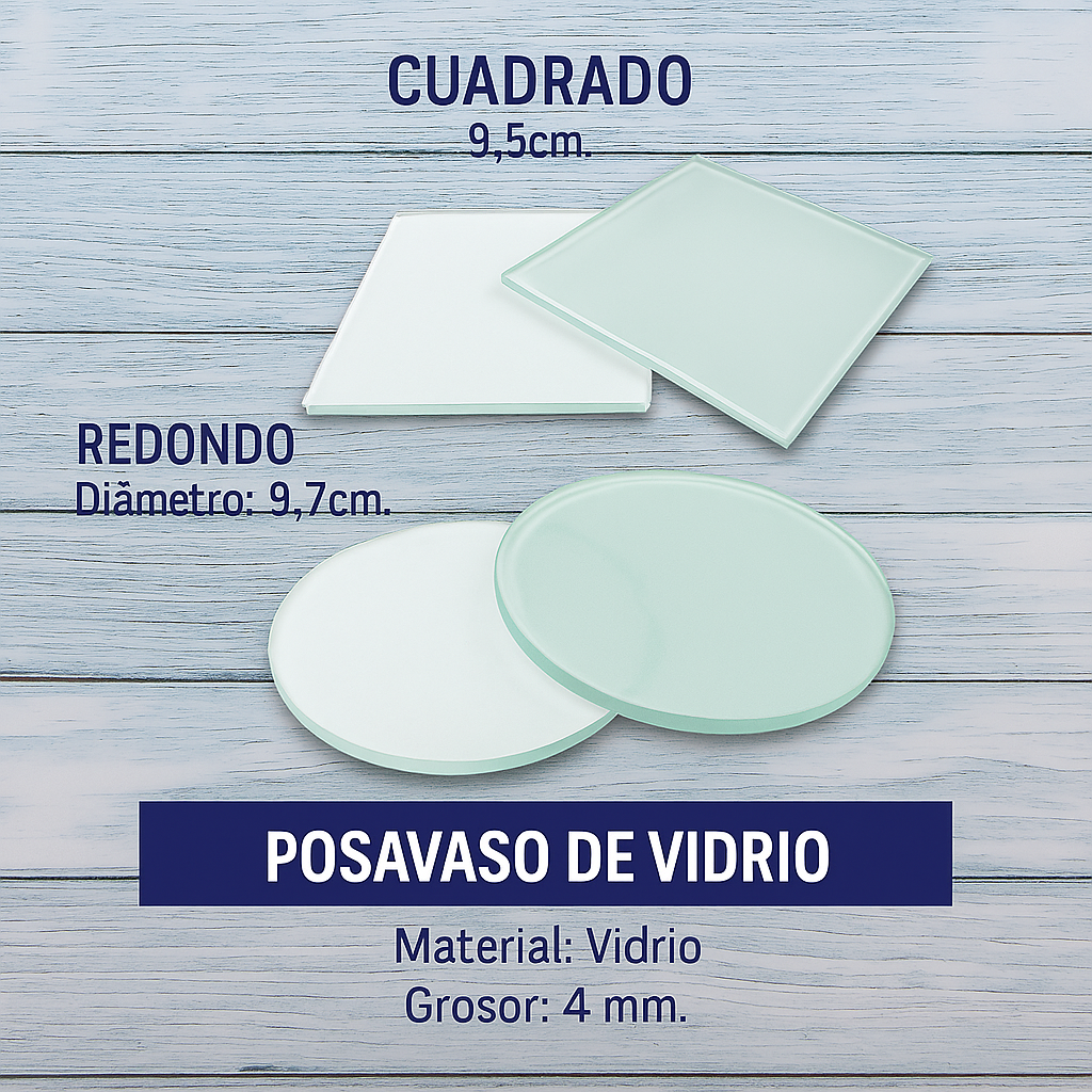 Posavasos de vidrio redondo y cuadrado sobre fondo de madera blanca desgastada con tonos azulados.