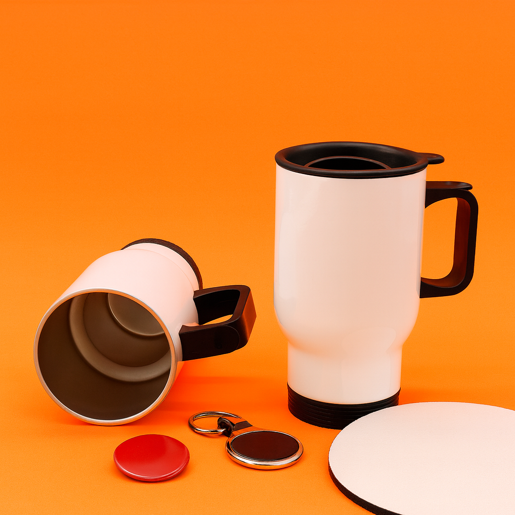 Vaso térmico blanco de 450 mL con tapa negra y asa, sobre fondo naranja #e07228.