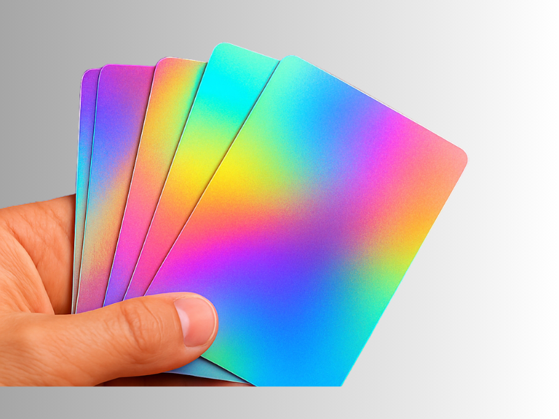 Tarjeta personal holográfica con acabado brillante y efecto de color iridiscente.